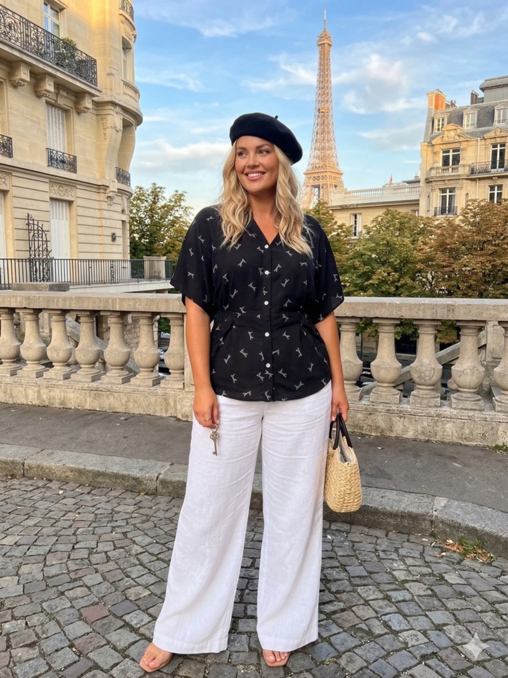 Sweet Rain Black & White Paris Eiffel Tower Print Button Down Back Tie Top Sz 3X